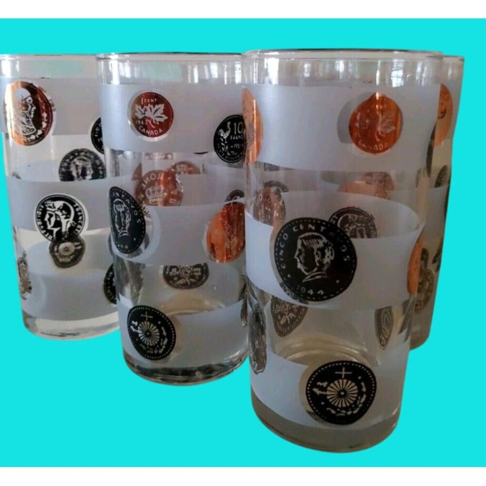 Set Of 6 Vintage Frosted Coin Design High Ball BarGlasses 22 kt Gold Rim Display